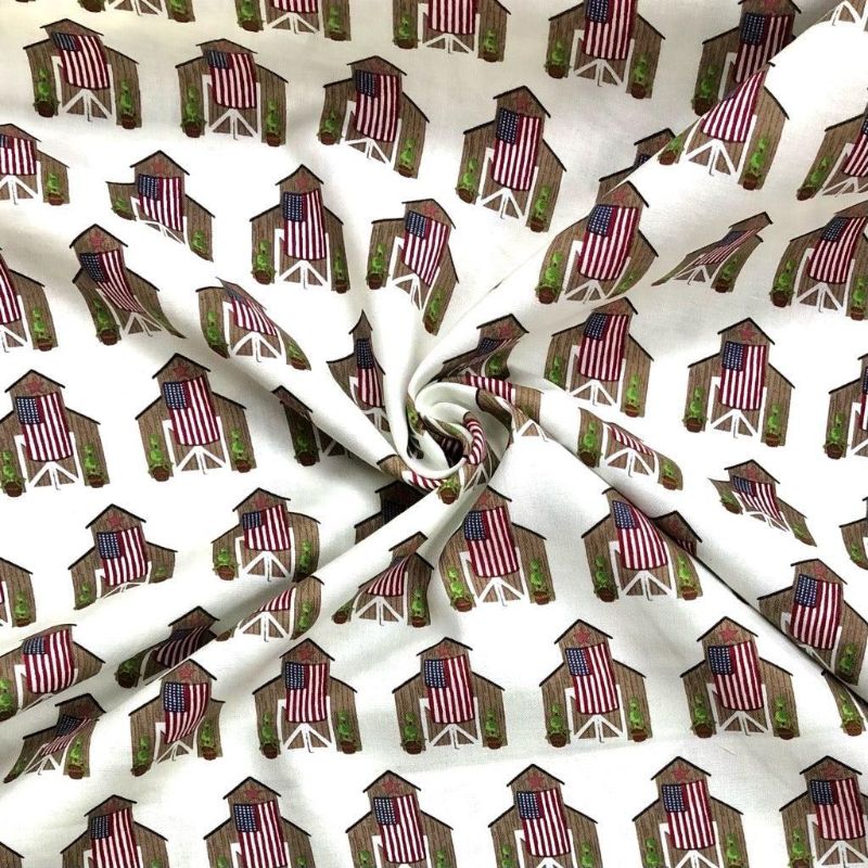 All Over American Flags and Houses on Cream Cotton Fabric