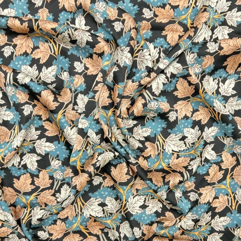 Autumn Leaves on Black Satin Fabric