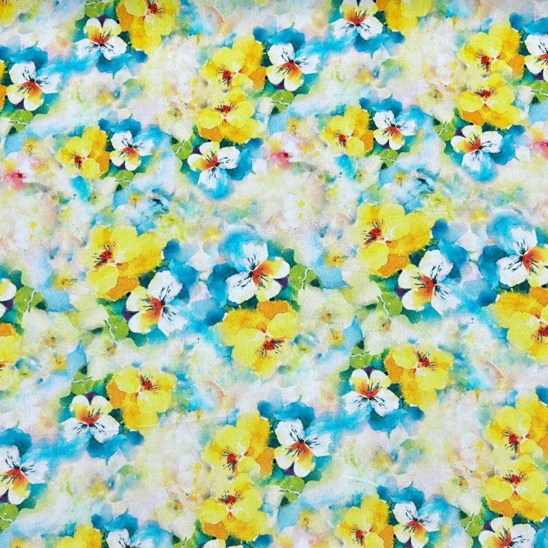 Blue and Yellow Blooms Viscose Challis Fabric