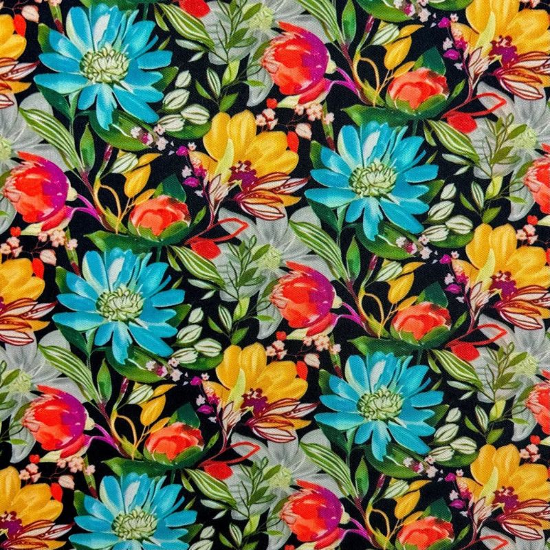Botanical Garden on Black Viscose Twill Fabric