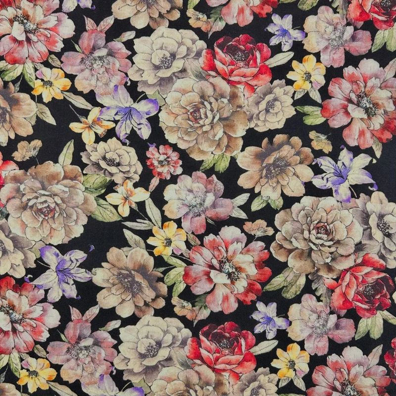 Bright Floral on Black Linen Viscose Fabric