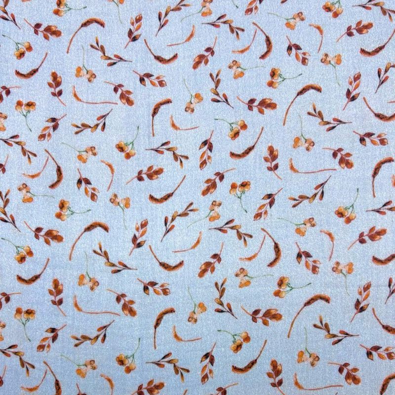 Brown Leaves on Blue Double Gauze Fabric