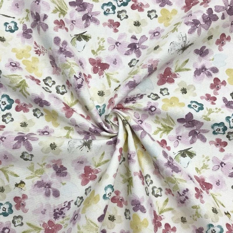 Busy Floral Butterfly on Ivory Panama Fabric