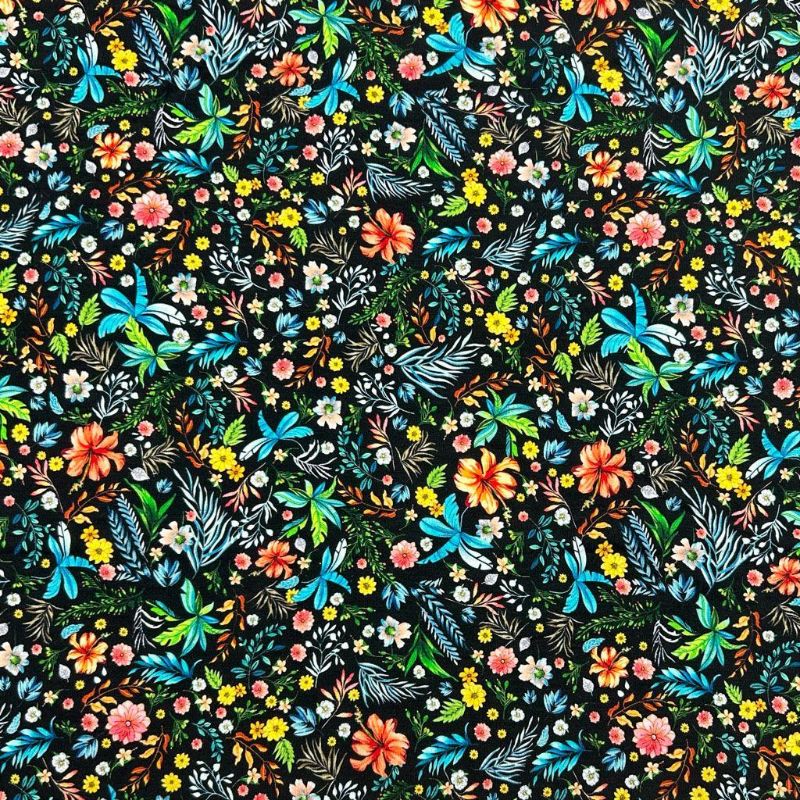 Busy Floral on Black Bamboo Jersey Fabric