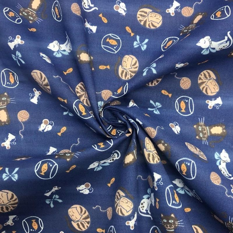 Cats, Mice and Fish on Navy Polycotton Fabric