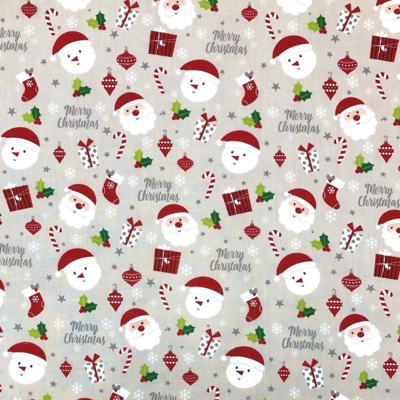 Christmas Ornaments on Silver Polycotton Fabric