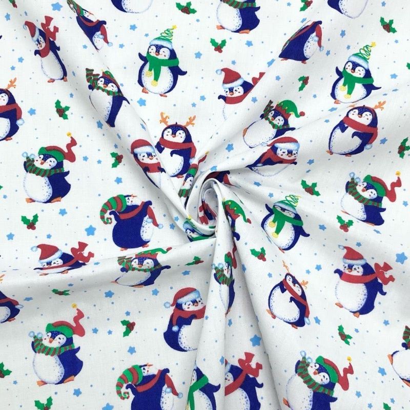 Christmas Penguins on White Polycotton Fabric