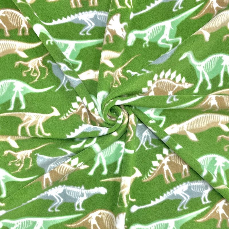 Dino Skeletons on Green Anti Pill Polar Fleece Fabric