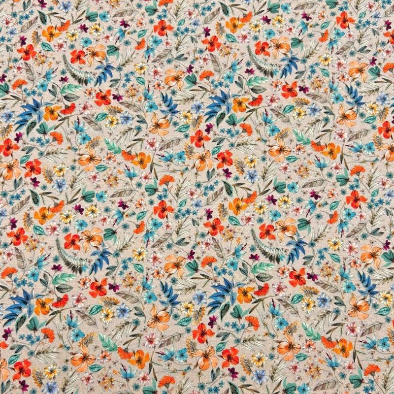 Flower Garden on Beige Bamboo Jersey Fabric