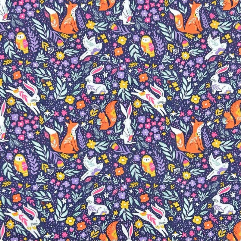 Forest Animals on Deep Purple French Terry Fabric