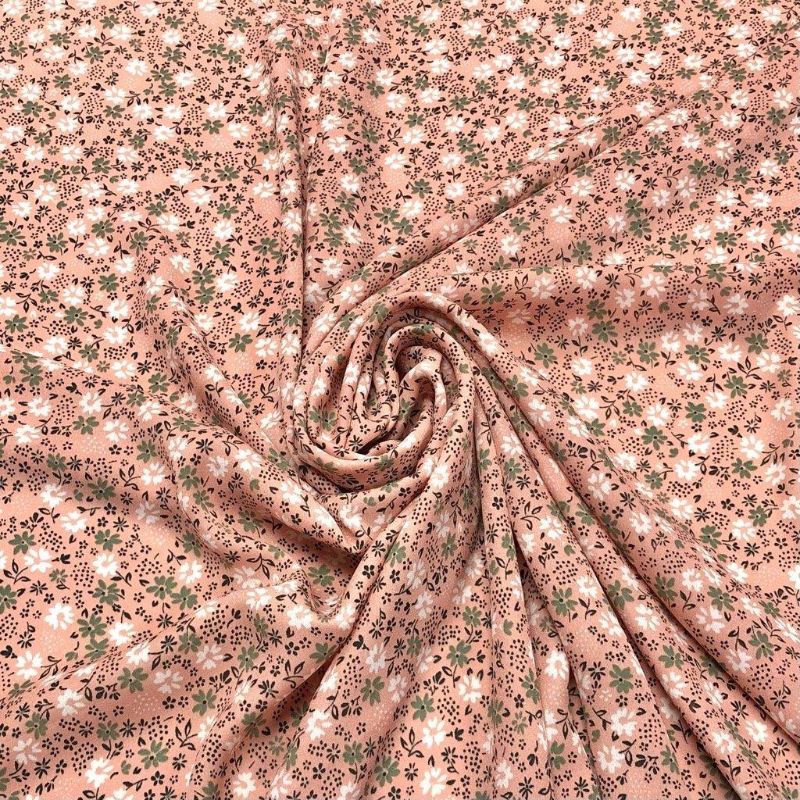 Khaki and White on Peach Crepe Fabric