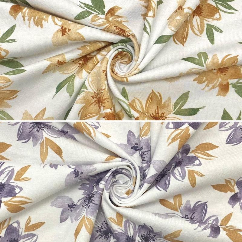 Large Floral Bunches on White Cotton Jersey Fabric