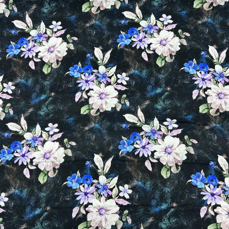 Large Flowers on Black Viscose Twill Fabric