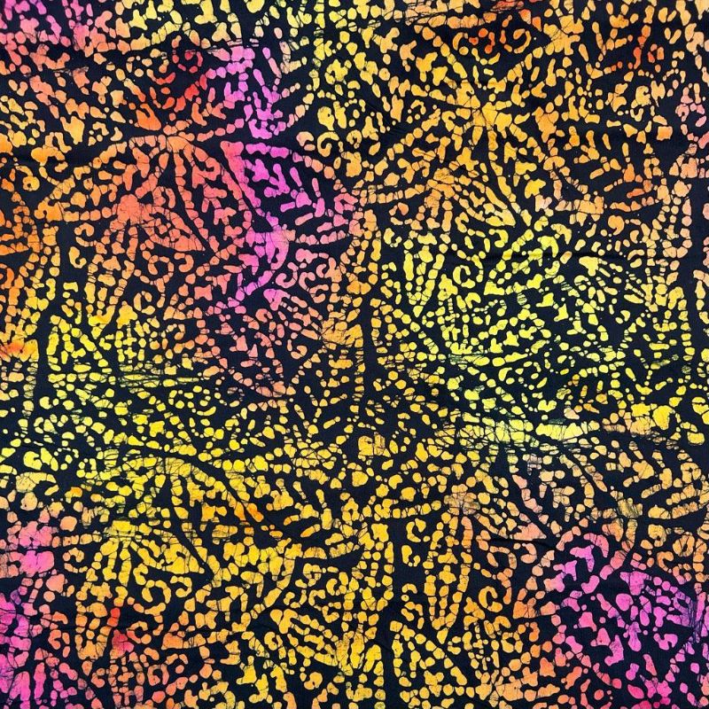 Leaves and Swirls on Black Cotton Batik Fabric