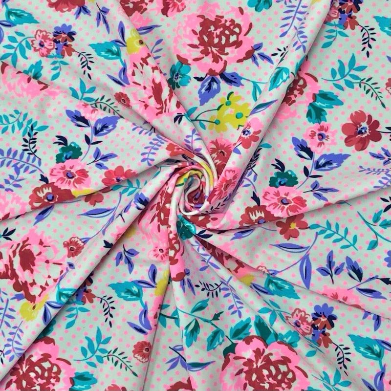 Multicolour Floral & Polka Dots on White Lycra Spandex Fabric