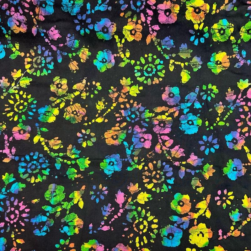 Multicoloured Flowers on Black Cotton Batik Fabric