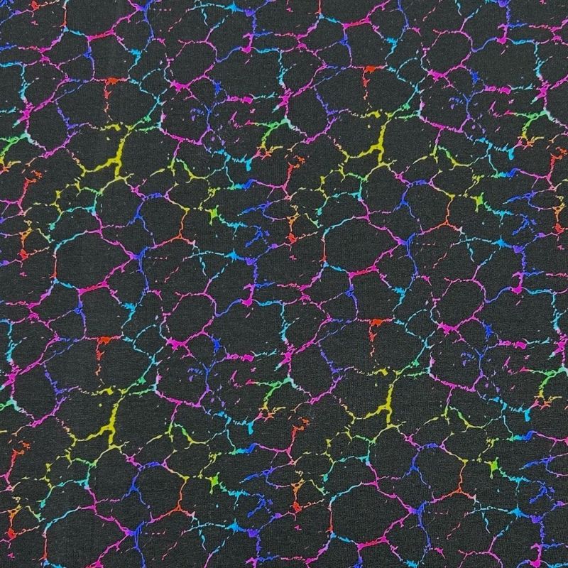 Multicoloured Lightning Effect on Black French Terry Fabric