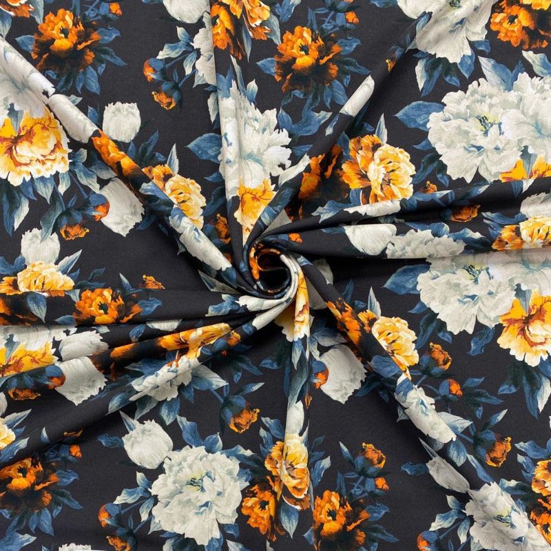 Orange & Ivory Floral French Terry Fabric