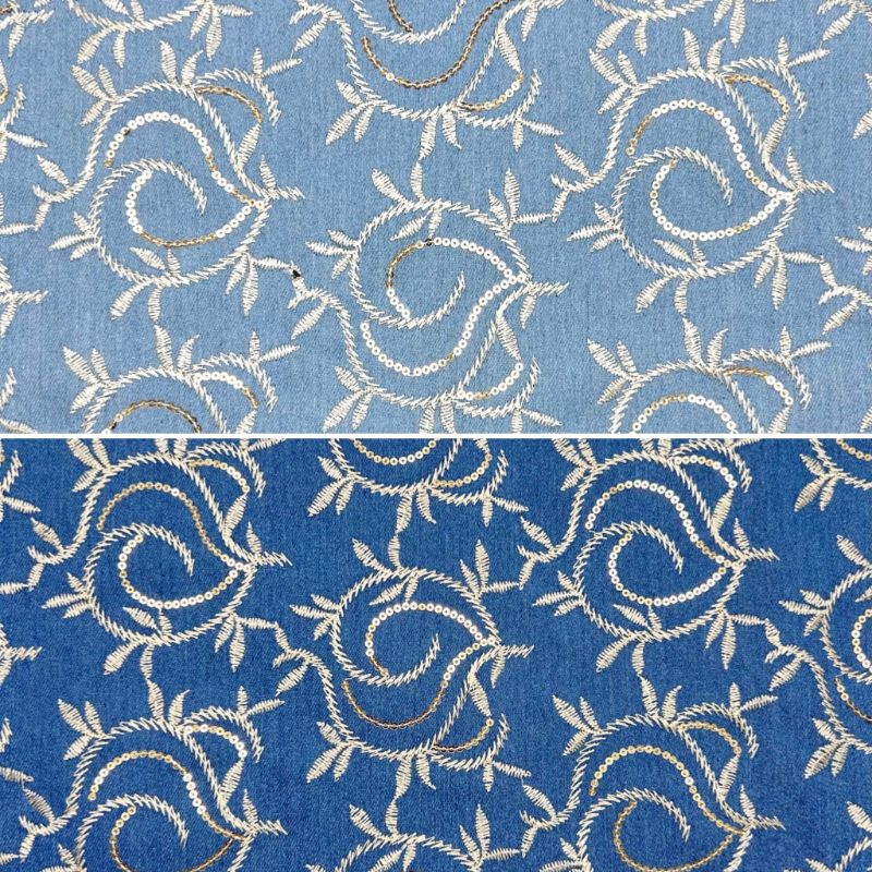 Paisley Embroidery Stretch Denim Fabric