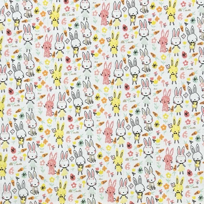 Peach and Yellow Bunnies on White Polycotton Fabric