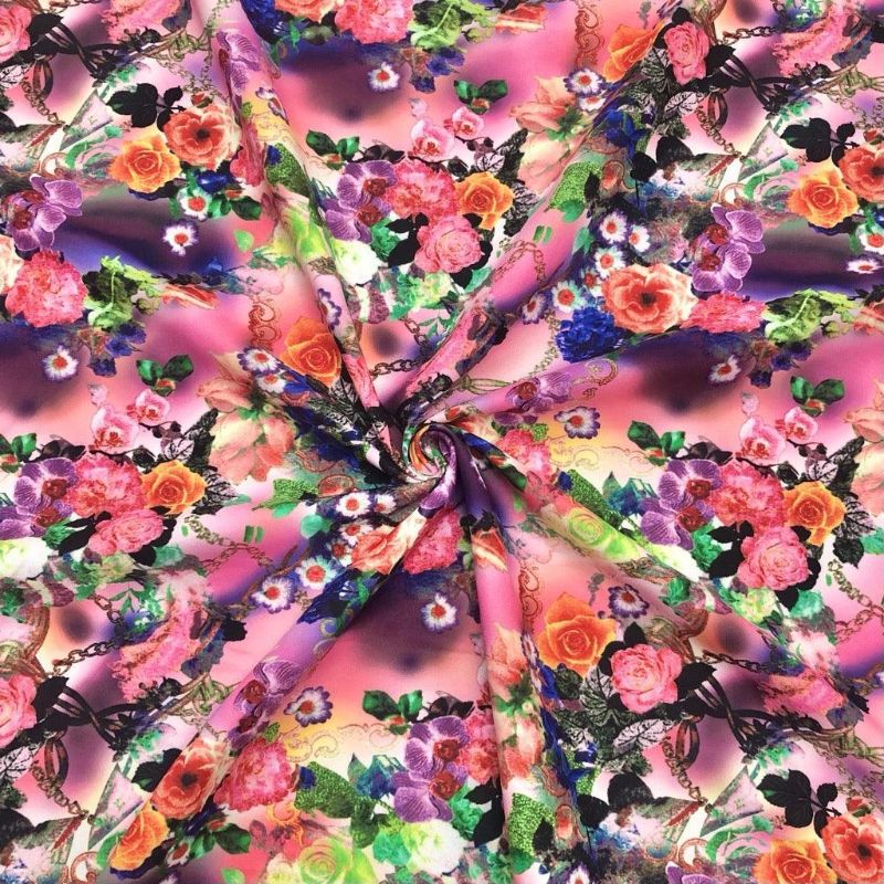 Pink and Orange Floral Cotton-Touch Polyester Fabric