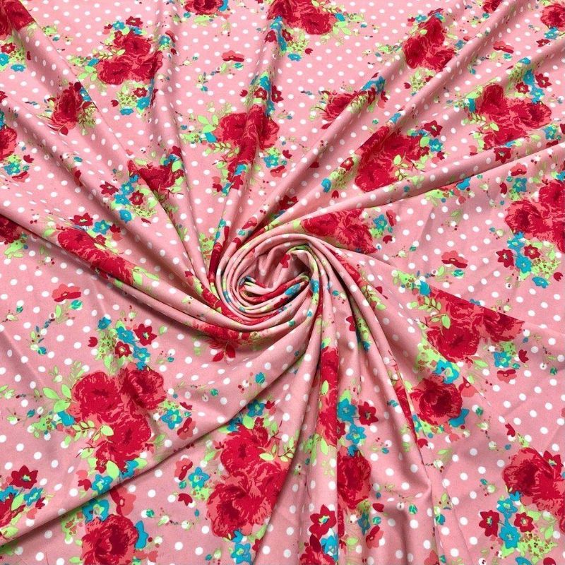 Pink Flower Bunches Polka Dot Lycra Spandex Fabric