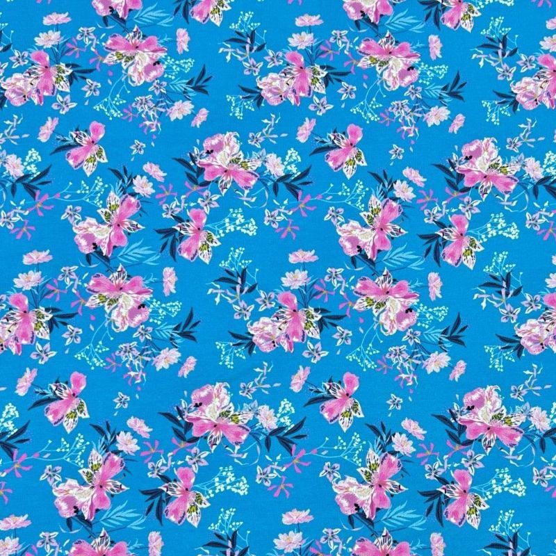 Pink Flowers on Blue French Terry Fabric