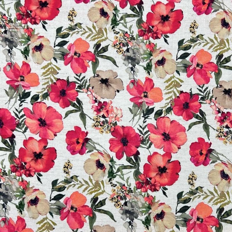 Pink Garden on Ivory Viscose Linen Fabric