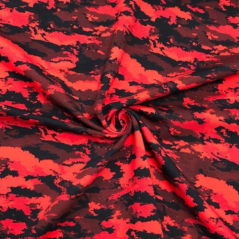 Red and Black Camouflage French Terry Fabric