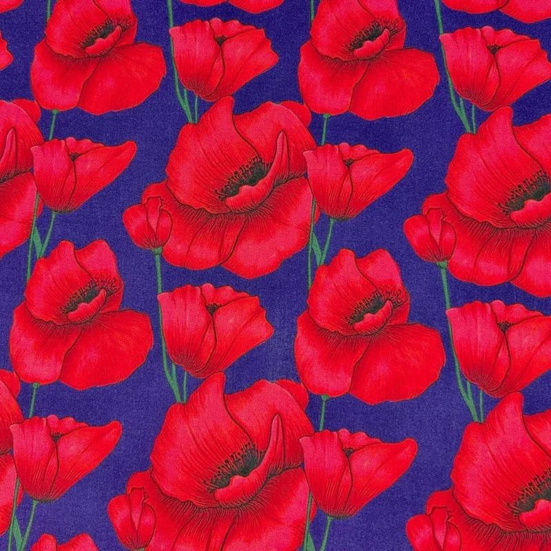 Red Blossom on Navy Viscose Fabric