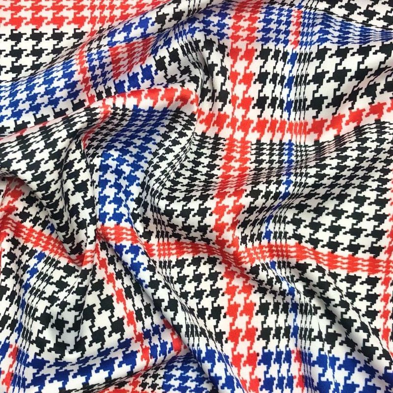 Red, Blue and Black Dogtooth Satin Fabric