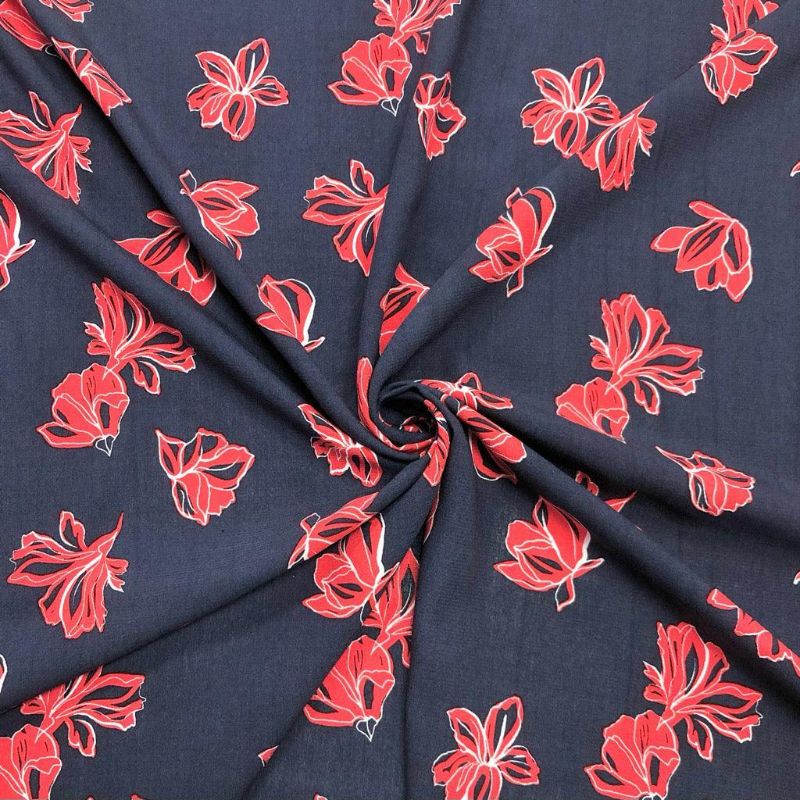 Red Floral on Navy Viscose Challis Fabric