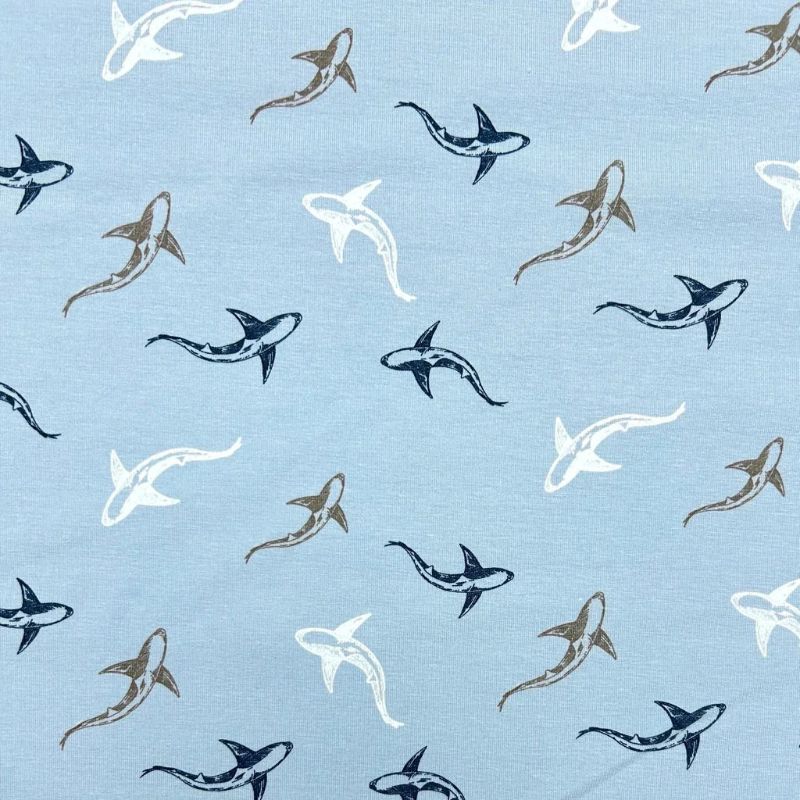Shark Swim on Blue Cotton Jersey Fabric