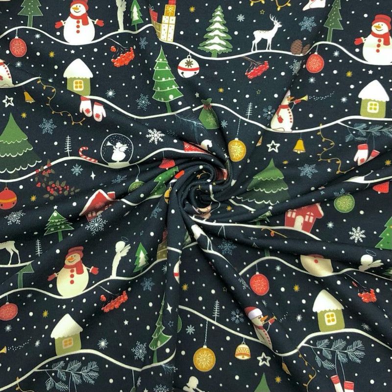 Snowy Christmas on Midnight French Terry Fabric