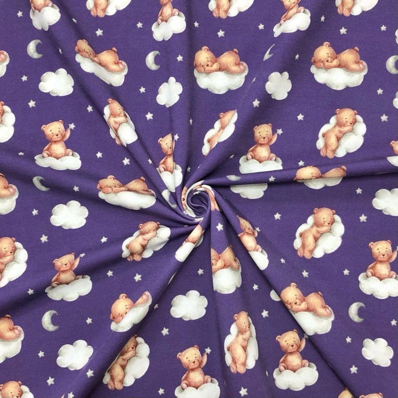 Teddy Bear and Clouds Digital French Terry Fabric