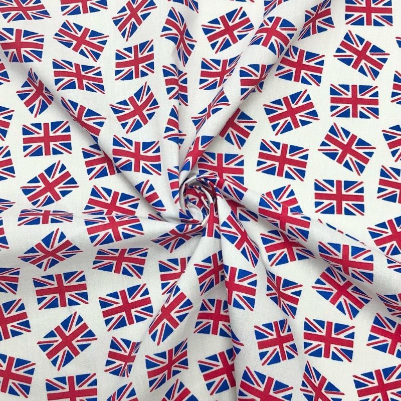 Union Jack Flags on White Polycotton Fabric