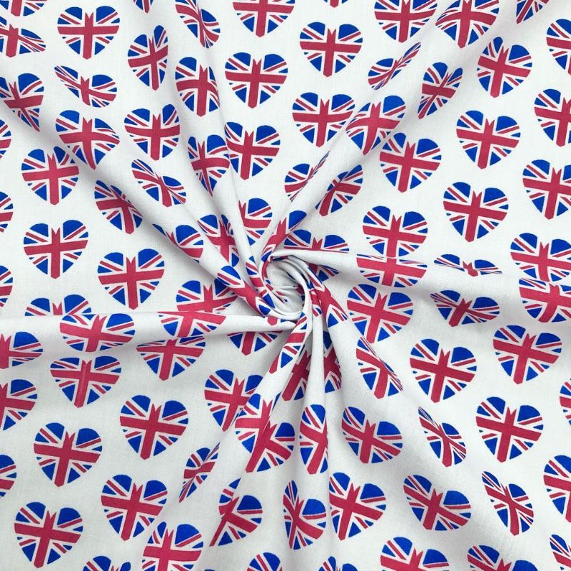 Union Jack Hearts on White Polycotton Fabric