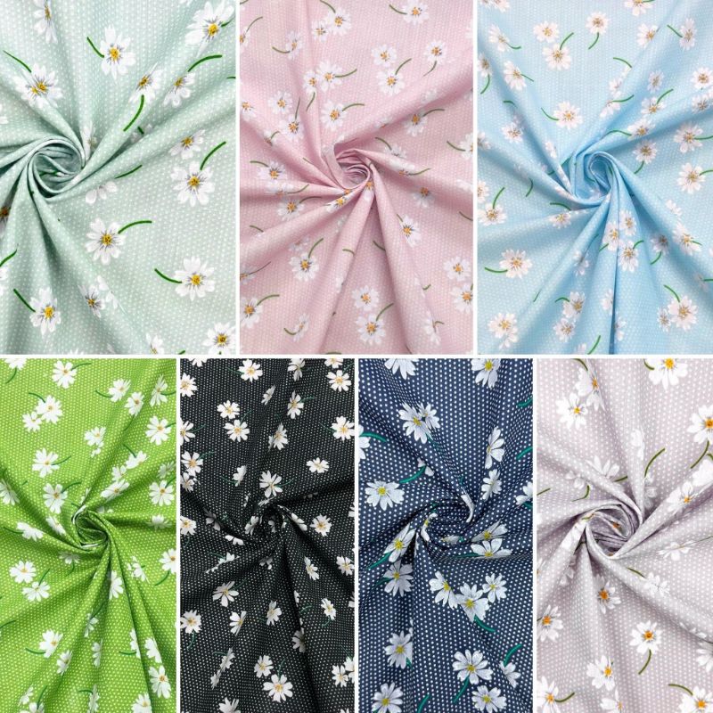 White Flowers and Polka Dots Polycotton Fabric