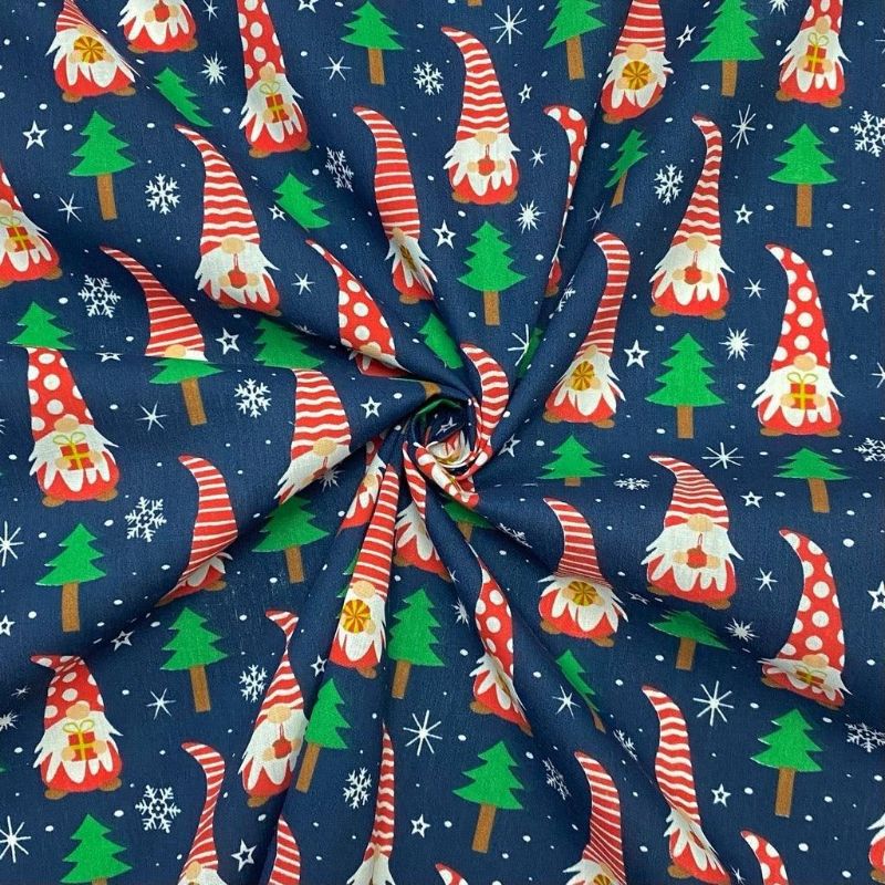 Xmas Gnomes on Navy Polycotton Fabric