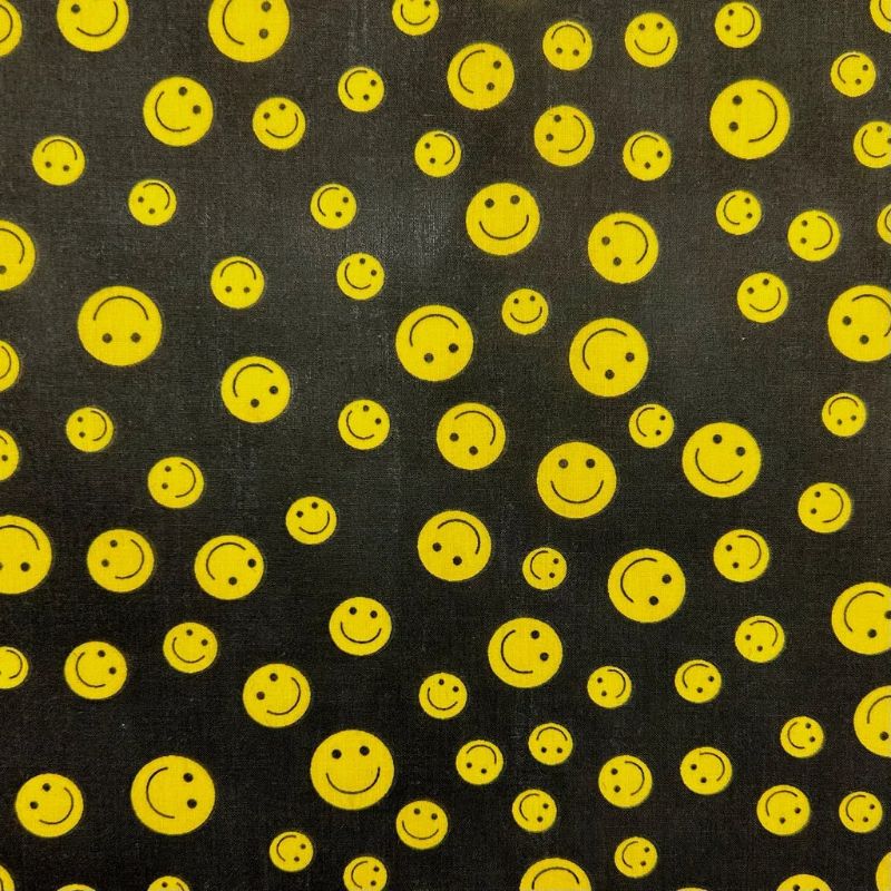Yellow and Black Smiley Face Polycotton Fabric