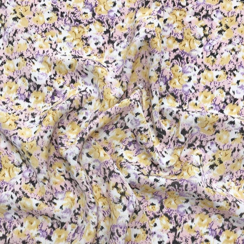 Yellow and Pink Abstract Floral on White Polyester Crepe Fabric