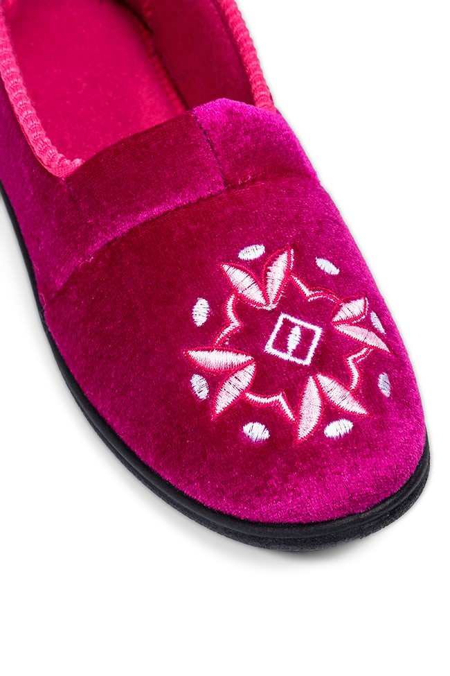 Anya Raspberry Velour Rollfront Flower Head Ladies Slipper