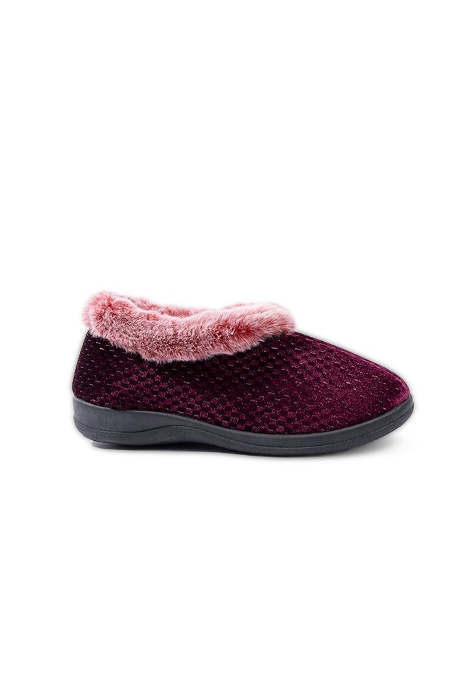 Freya Plum Velour Emboss Print Fur Collar Slipper