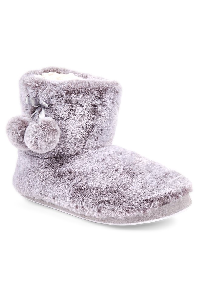 Lily Grey Fur Poms Fur Low Cut Bootee Slipper