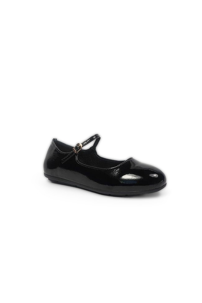 Megan Ladies Slip On Ballerina with Strap and Buckle Casual Black Patent