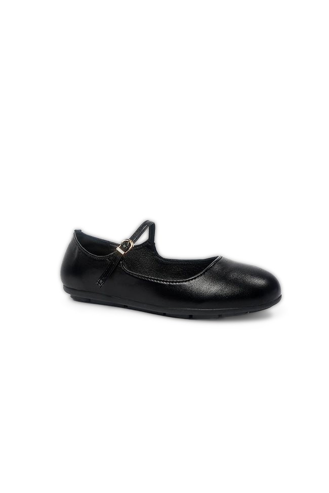 Megan Ladies Slip On Ballerina with Strap and Buckle Casual Black PU