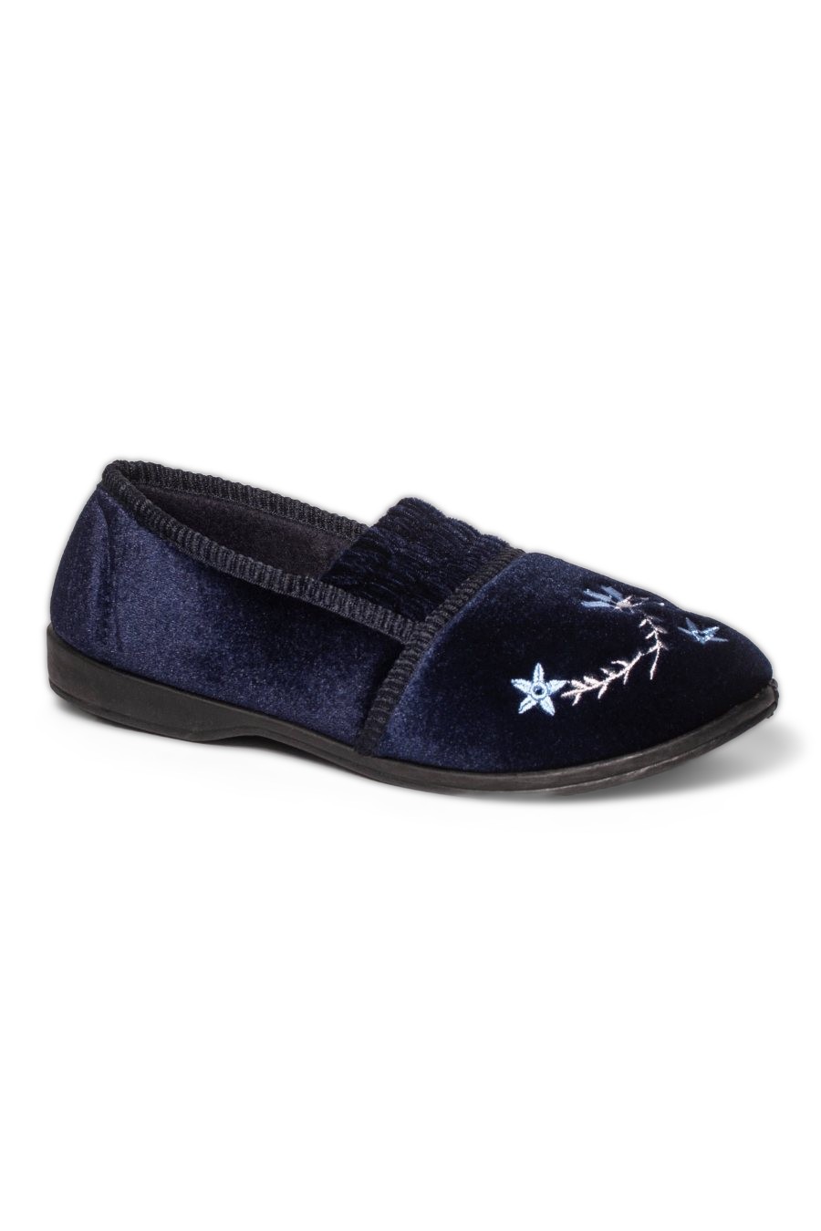 PEGGY DR LIGHTFOOT NAVY EMBROIDERED CRINKLE EFFECT SLIPPER